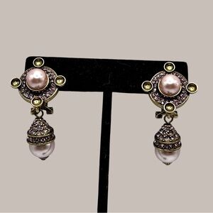 Heidi Daus Faux Pink Pearl Earrings, Swarovski Crystals Antiqued Setting
